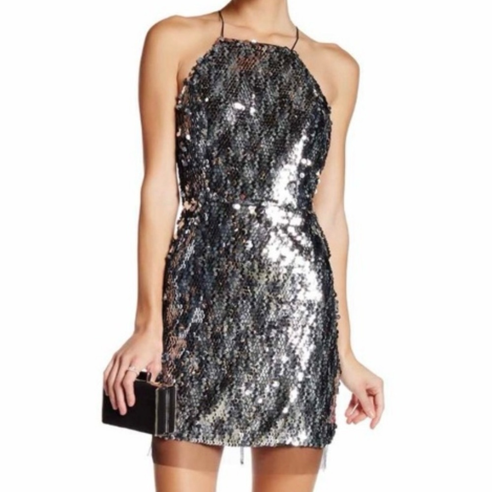 NWT NBD Silver Sequins High Neck Low Back Mini Dress in Women's Medium